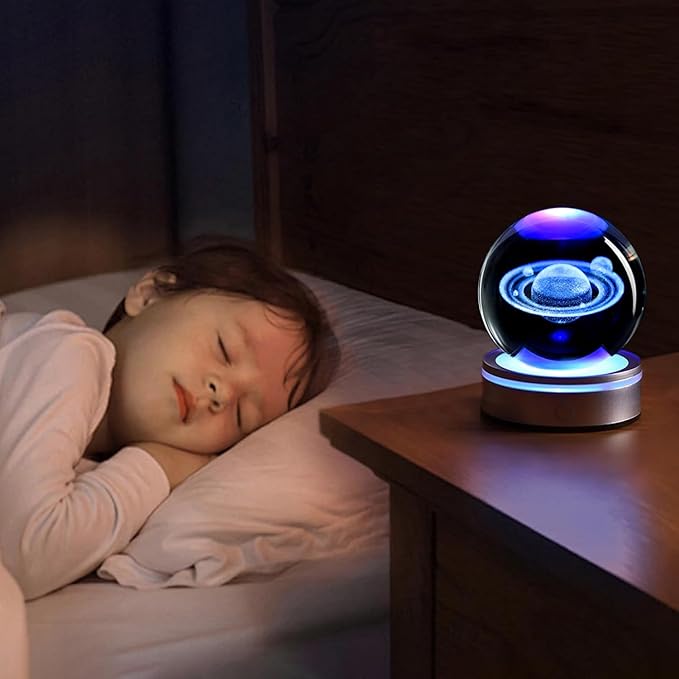 3D Laser Engraved Saturn Crystal Ball with LED Stand, 80mm Glass Sphere Lamp Night Light, Space Galaxy Planet Decor Gifts