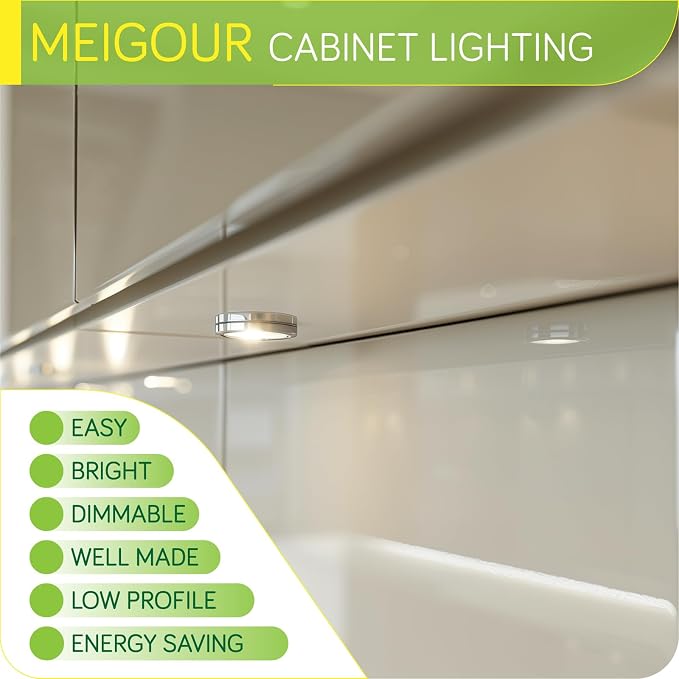 Under Cabinet LED Puck Lighting, Single Light for Hutch Bookcase Display Shelf Lighting, Rotary Dimmer Switch, 120VAC Plug in, Black Cord, Warm White
