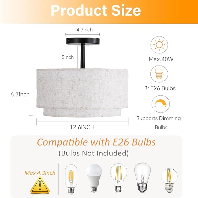 Vexagyle 12.6inch Flush Mount Ceiling Light Fixture,3-Light Modern Close to Ceiling Light with 2-Layer Linen Fabric Shade,Farmhouse Drum Ceiling Mount Lamp for Bedroom Hallway Living Room