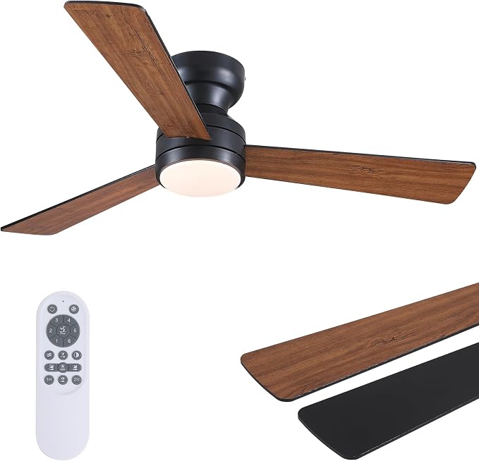Asyko 46" Brown Modern Low Profile Ceiling Fans with LED Lights and Remote | Flush Mount,Reversible 6 Wind Speeds, Dimmable 3 CCT LED Light, 25W Quiet DC Motor,3 Double-Sided Blades,for Bedroom Kitchen