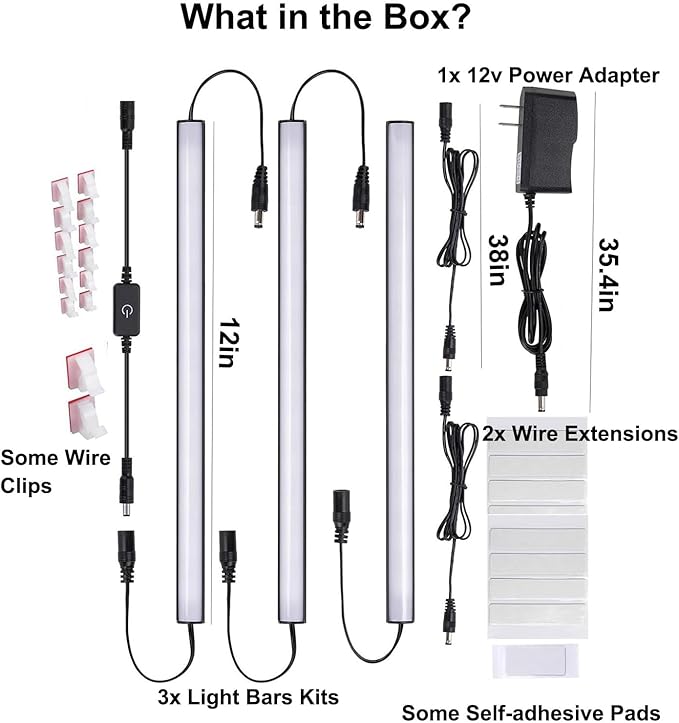 Black Under Cabinet Lighting Kits, 3-Pack 12In Dimmable LED Under Cabinet Lights Bars with 12V Power Adapter, 6000K Cool White Kitchen Under Counter Lights for Kitchen Cabinets, Book Shelves