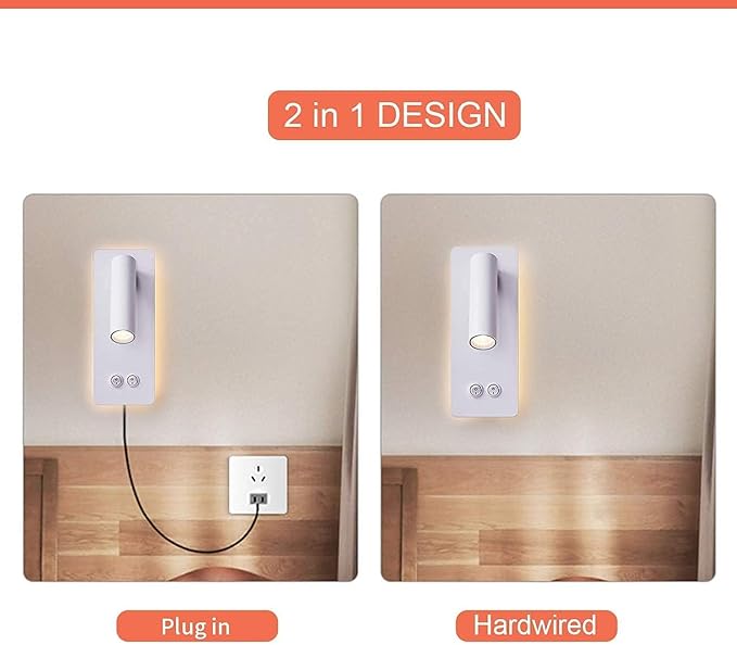 Bedside Reading Lamp Wall Mounted, LED Wall Reading Lights for Bed, Plug in Wall Sconce Set of 2, Bed Reading Light 3W 3000K Book Light with 9W Ambient Lighting