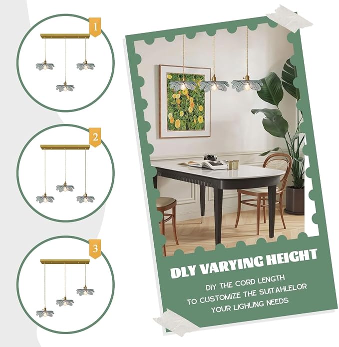 3-Light Mid Century Chandelier Dark Green Leaf Glass for Kitchen | Vintage cluster Pendant Light Fixtures, Hanging Lamp, E26 Gold Brass , flush mount Adjustable 59" For Dining room Bathroom