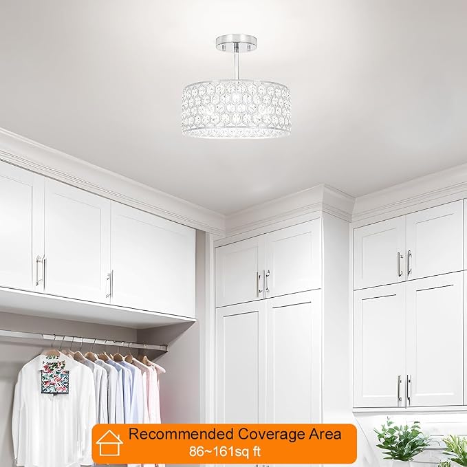 Lxybcce Chrome Crystal Ceiling Light Fixture - Modern Semi Flush Mount Ceiling Light for Hallway, Kitchen Lighting Fixtures Ceiling, Dazzling Prism Chandelier for Foyer Closet Bedroom, 3 Light, 12 in