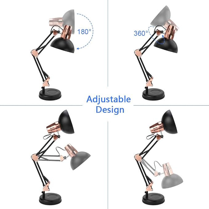 PowerKing Metal Swing Arm Desk Lamps with Base & Clamp, Black Rose Gold | Adjustable Architect Lamp, On Off Switch, Fits E26 E27 Bulbs, Eye-Caring Reading Light, for Home Office Work Study