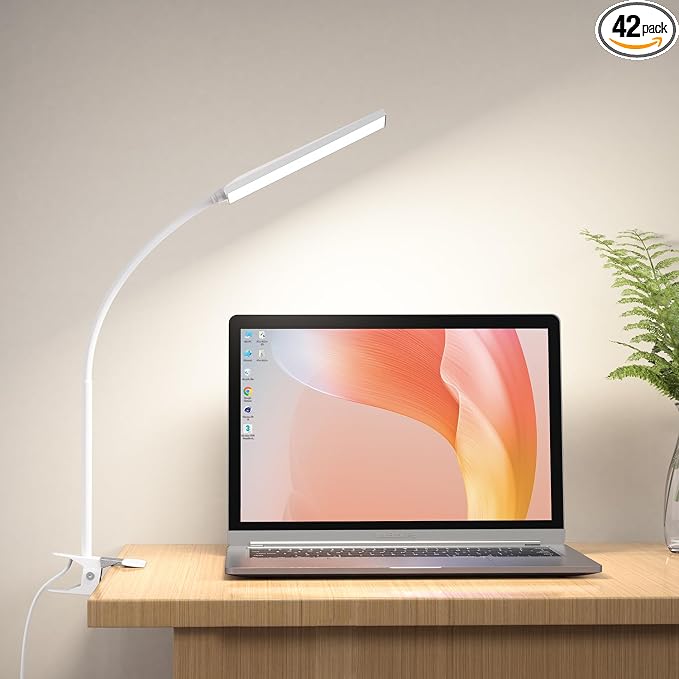 LED Desk Lamp, 5W USB Clip on Light Eye-Caring Reading Clamp Table Lamp with 48 LEDs Flexible Neck, 3 Color Modes and 14 Brightness Levels for Office Bedroom Study (White)