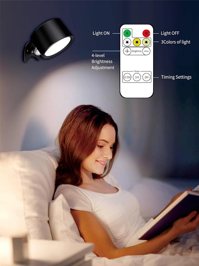 LANMEL LED Wall Mounted Lights,360° Rotating Rechargeable Wall Sconce Lamp | Black,3CCT,Dimmable,with Remote & Touch Control,USB Wireless Wall Lamp, Suitable for Study,Bedroom,and Bedside Reading