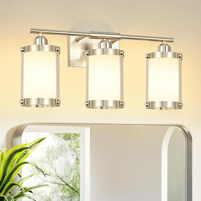 3-Light Brushed Nickel Bathroom Light Fixtures with Milk Frosted Glass, 21" Modern Bathroom Vanity Lighting Fixtures Over Mirror with Metal Cage, Wall Sconce Lights for Bath, E26, OS-3014BNW-3W