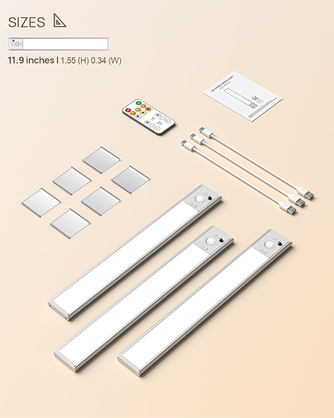 Under Cabinet Lighting with Remote, 12" Motion Sensor Light Indoor, Rechargeable LED Closet Light Wireless, 3 Color Temps & Dimmable, Magnetic Under Counter Lights for Kitchen, Stairs, Pantry, 3 Pack