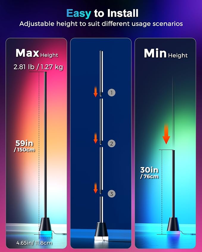 RGBIWC Corner Floor Lamp, Smart Ambient LED Light, Black | 16 Million Colors, Music Sync, Dynamic Lighting, 1800LM Brightness, APP/Remote Control, for Bedroom Living Room Gaming Room