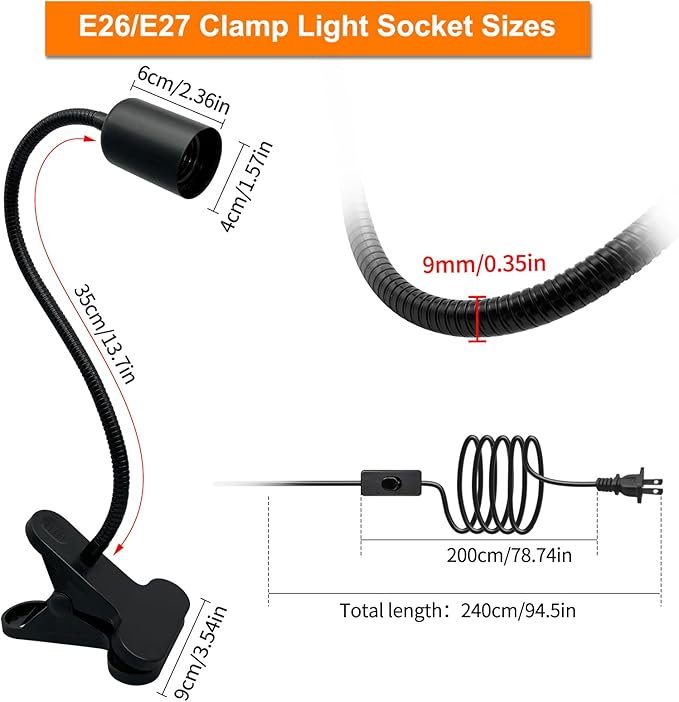 Clip Desk Lamp Socket, 240CM Cord Clamp Light Socket E26 E27 Clip Lamp Holder 360 Flexible Clip on Light with On/Off Switch, Portable, for Lighting, Plant Growth, Black (No Bulb)