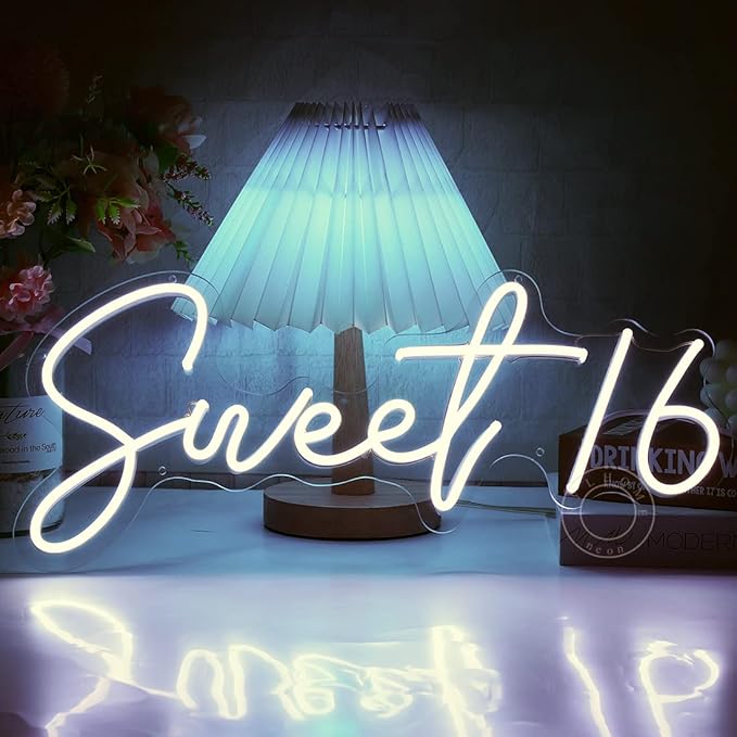SYLHOME Sweet 16 LED Neon Light Sign 17"X7.3" Sweet Girls Adults Bedroom Happy 16th Birthday Party Wall Decor Beautiful Bestie Sister USB Cold White