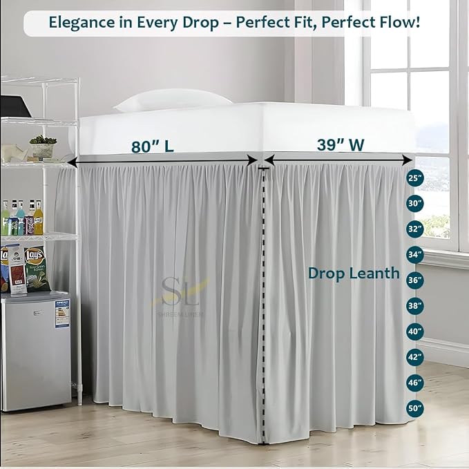 Shreem Linen Dorm Bed Skirt Twin XL, 32 Inch-Drop, 100% Microfiber Extra Long Bedskirt, Light Grey