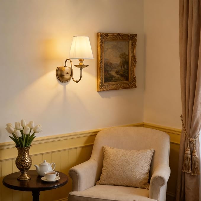 Aiwen Wall Lamps Polished Solid Brass Finish with Eggshell/White Flax Fabric Shade 1 Light