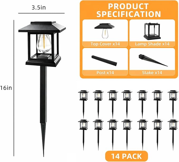 Solar Pathway Lights 14-Pack for for Yard Walkways | IP65 waterproof solar landscape lights. High-efficiency panels provide auto dusk-to-dawn glow for yard and driveway security