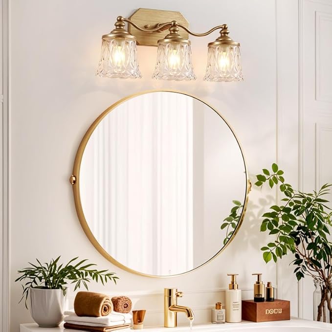 maesta Gold Bathroom Light Fixtures, 3 Light Bathroom Vanity Light, Matte Antique Gold Finish with Crystal Glass Shade, Gold Vintage Vanity Light for Bathroom, Living Room, Bedroom, Hallway