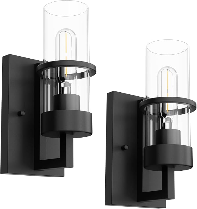 Tipace Black Hardwired Wall Sconces Set of 2,Modern Bathroom Vanity Sconces Wall Lighting with Clear Glass Shade,Farmhouse Wall Mount Lights for Mirror Bedroom Living Room Hallway Kitchen