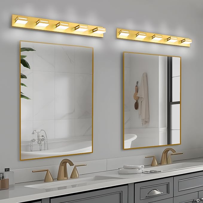 LED Modern Bathroom Light Fixtures, 5-Light 40-Inch Gold Vanity Lights for Bathroom Lighting Fixtures Over Mirror, 6000K Cool White 350° Rotatable Wall Lamp