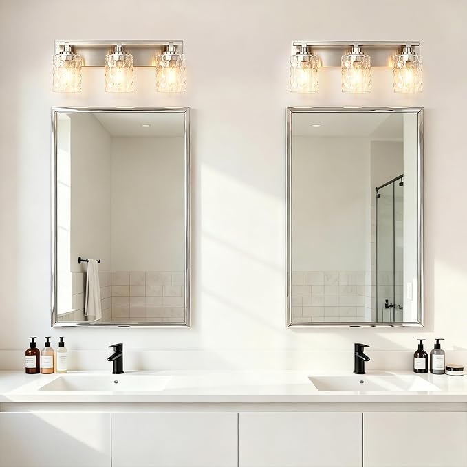 Modern Bathroom Lighting Fixtures Over Mirror, Vanity Lights for Bathroom, Wall Sconces with Clear Glass Shades, E26 Ceramic Socket, 3-Light 19.7-inch Brushed Nickel