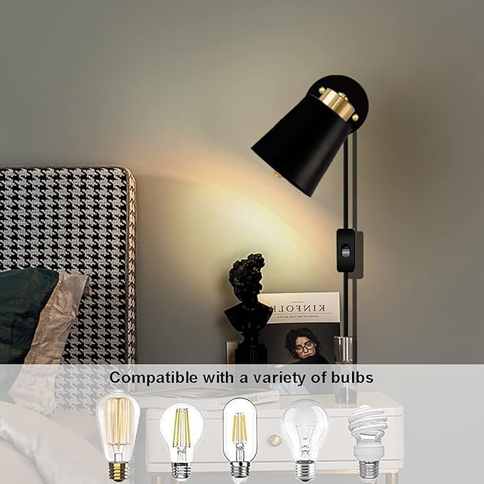 Yollzey Plug in Wall Sconces, Rotatable Angle Black Wall Lamp with Plug in Cord Metal Vintage Industrial Wall Mounted Light Reading Light for Bedroom Bedside Doorway(2 Pack)