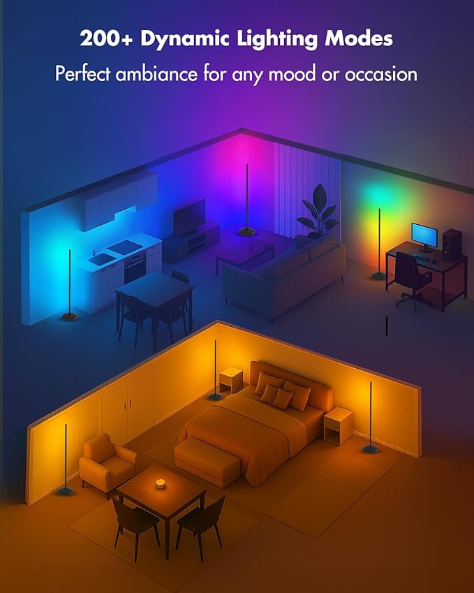 LED Corner Floor Lamp, Smart RGB Corner Lamps for Living Room | APP & Remote Control, Dimmable 16 Million Color Changing & 213 Scenes, Music Sync, Standing LED Lights for Bedroom - Black