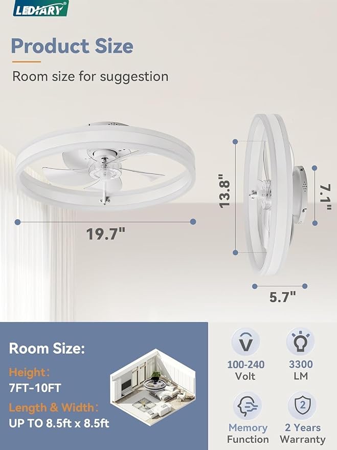 LEDIARY Low Profile Ceiling Fans with Lights, Flush Mount Modern Ceiling Fan and Remote Control, 19.7" LED Ceiling Fans, Stepless Dimmable 3 Colors and 6 Speeds - White