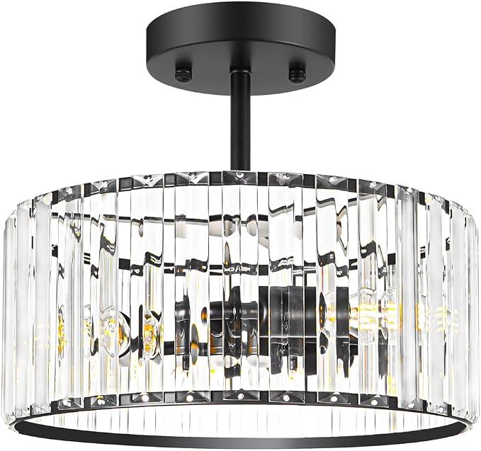 Lxybcce Modern Crystal Ceiling Light, Matte Black Semi Flush Mount Ceiling Lighting Fixture, Hallway Light Fixtures Chandelier for Kitchen, Bedroom Dining Room Hallway Closet, 3-Light, 12 Inch