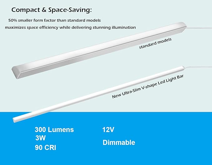 V-Shape Under Cabinet Lighting Kit - 4pcs 12" Dimmable Slim LED Light Bars for Showcase Shelf Seamless Illumination - 1200lm, 12W - Warm White 3000K