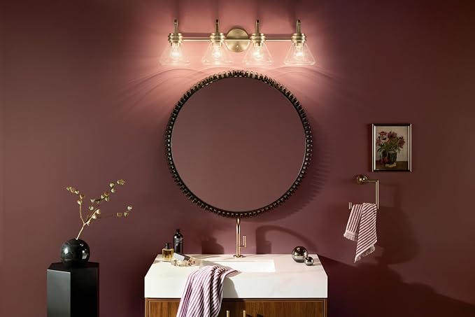 Kichler Farum 4-Light Bathroom Vanity Light, Champagne Bronze | Modern vanity light with clear glass for single or double bathroom mirrors (34" x 9.5" x 9.5"), 55156CPZCLR