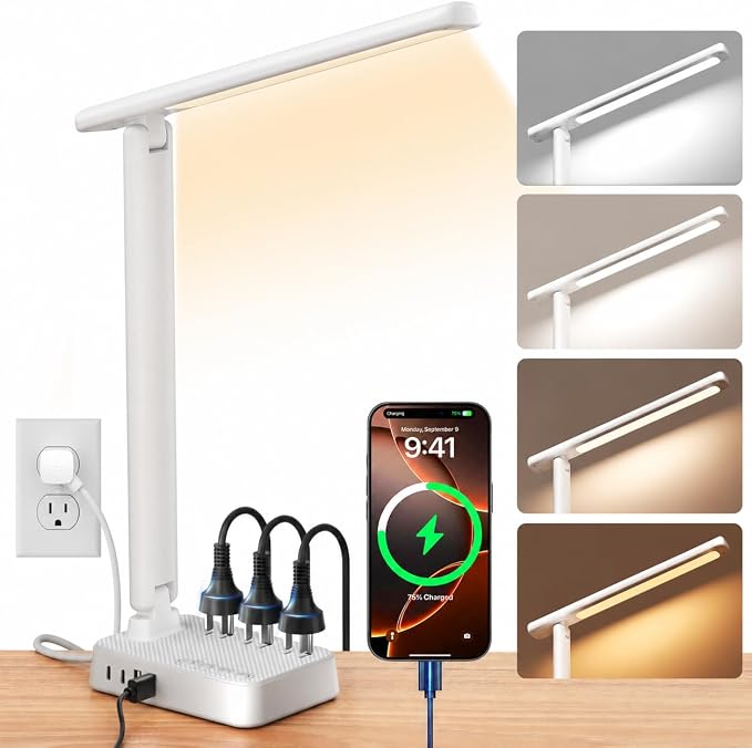 LED Desk Lamp with Power Strip, 3 AC Outlets, 4 USB Ports, Stepless Dimming | 2800K-6500K Color, 2 USB-C, Foldable Design, Timer & Memory, Study, Home Office & College Dorm, 5FT Cord