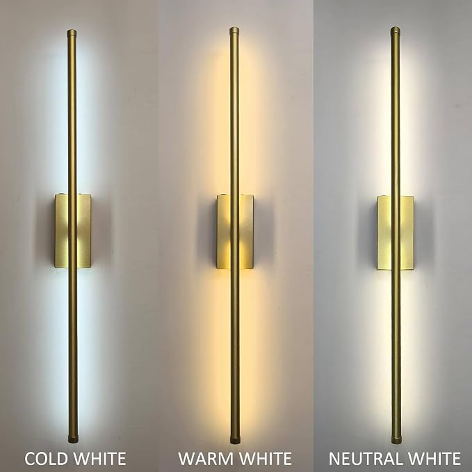Set of 2 Rechargeable Gold Wall Sconce Peel and Stick Easy Mount | Battery Powered Cordless Picture Lights, Home Decor Linear Wall Sconces for Bedroom Living Room Hallway (28.3'')