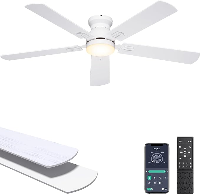 Ohniyou 52'' Low Profile Ceiling Fan with Lights, Remote/APP Control, White | Flush Mount, Dimmable 3CCT LED, Quiet Reversible DC Motor; Memory Function, 5475 CFM, for Bedroom Living Room Kitchen