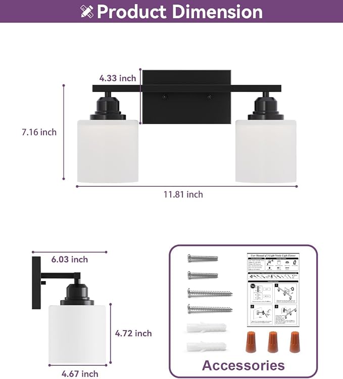 Modern Bathroom Lights - 2-Light Vanity Fixtures with Milky White Glass Shades, Anti-Rust Matte Black Finish, E26 Base