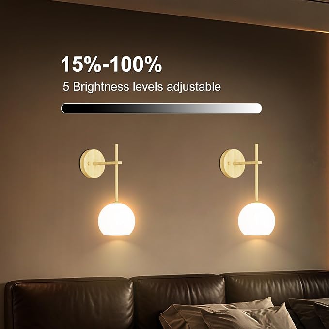 Wood Grain Battery Operated Wall Sconces Set of 2, Rechargeable Wireless Wall Lights with Milky White Frosted Glass, 12 RGB and 3CCT Dimmable Wall Lamps with Remote for Bedroom Living Room Hallway
