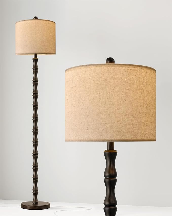 62" Farmhouse Floor Lamp for Living Room, Rustic Standing Lamp with Linen Shade and Rotary Switch, Resin Corner Floor Lamp for Bedroom, Dining Room, Office, Home Decor, Dark Brown