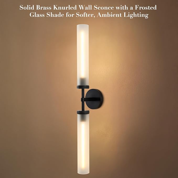 30" 2 Lights Hardwired Frosted Glass 2 PC Bathroom Wall Sconces, Handmade Knurled Black Wall Light Fixture,Modern Vanity Light for Living Room,Hallway, Bedroom, Indoor Sconces