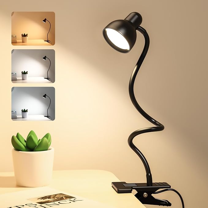 Clip on Light Reading Light for Bed 3 Color Modes Black | 10 Dimmable Brightness Eye Care Clamp Desk Lamp 360° Flexible Desk Book Light for Reading Bed Headboard Computer