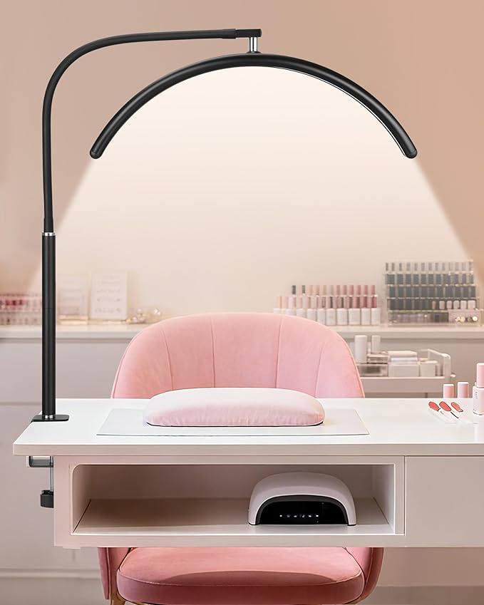 Professional Half Moon LED Desk Light for Nail Techs & Artists – Flexible Gooseneck Lamp with Clamp, 5 Color Modes & 5 Brightness Levels for Manicure, Tattoo, Beauty Work