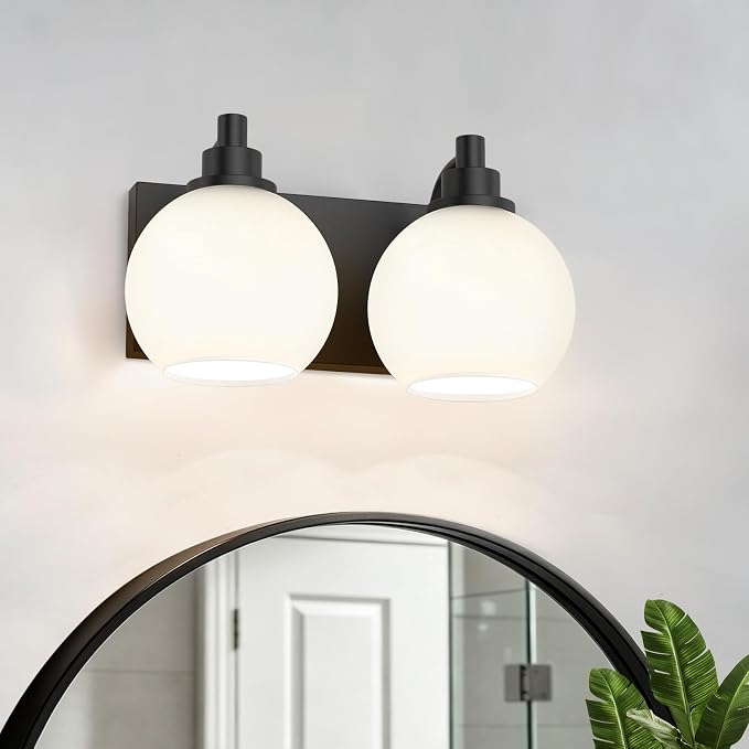 IZORRO Bathroom Light Fixtures, 2-Light Matte Black Vanity Light, Modern Wall Sconces with Globe Milk White Glass Shade, Vanity Lighting Fixtures Over Mirror,E26 Bulb Socket