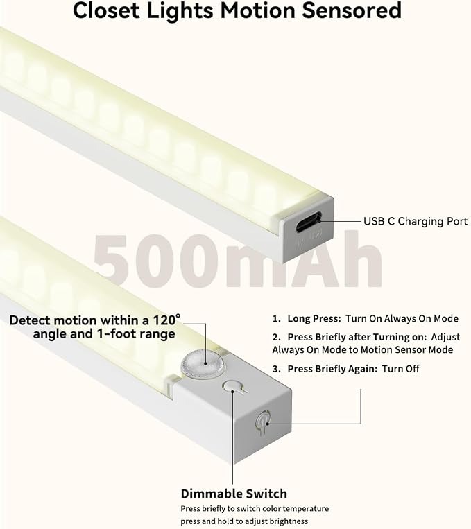 8Inch Under Cabinet Lighting Rechargeable with Charge Station, 6Pack | Motion Sensor Light Indoor 3 Color Dimmable Closet Light Battery Operated, Magnetic Under Counter Lights for Kitchen Stair