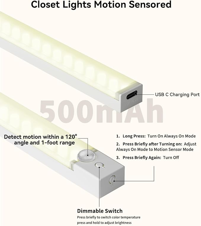 Under Cabinet Lighting 8 Inch 6-Pack, Rechargeable Motion Sensor Light Indoor, Dimmable Closet Lights 3 Color Temps, Wireless Under Counter Lights for Kitchen, Stairs