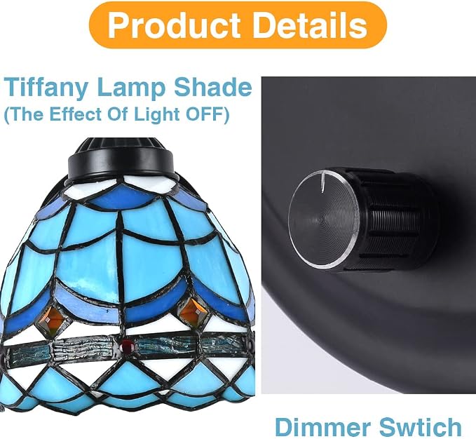 Bedside Wall Mount Lamp with Dimmable Switch, Industrial Vintage Gooseneck Wall Sconce with Plug in Cord, Wavy Blue Stained Glass Shade Wall Light Perfect for Bedroom, Living Room