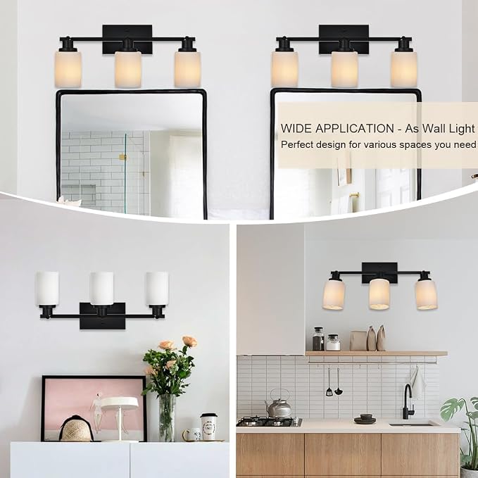 3-Lights Track Lighting Kit, Black Directional Ceiling Light Fixtures with Opal White Glass, Wall Mounted Spotlight for Kitchen Hallway