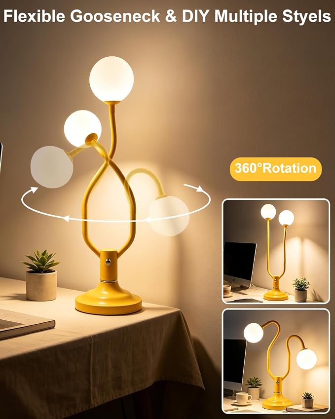 Yellow Globe Table Lamp Dimmable Magic DIY Arms G9 Bulbs Included | Nightstand Modern Desk Lamp Vintage Ambient Night Light Warmwhite Kids Bedside Lamps for Living Room Bedroom Nursery Gift