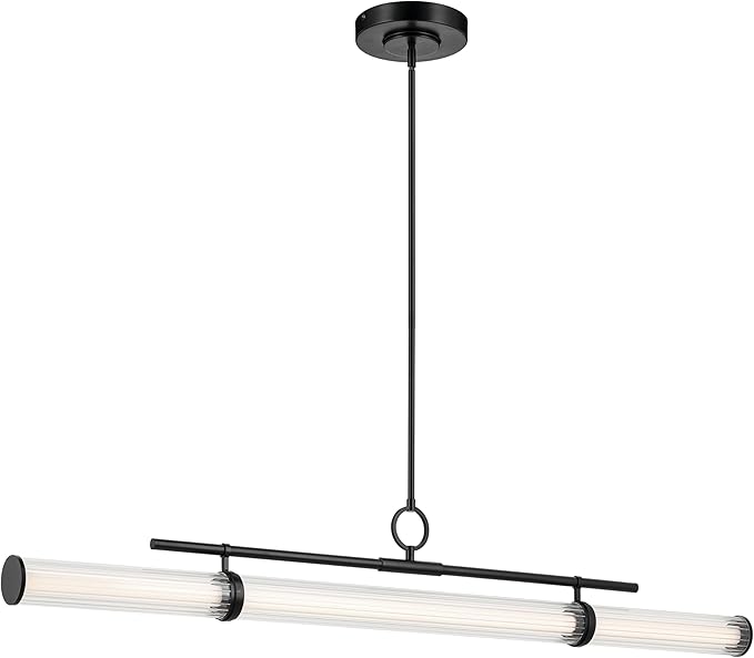 Kichler Riven LED 1-Light Linear Chandelier with Clear Fluted Glass in Black, Sloped Ceiling Compatible, for Kitchen or Dining Room (9.5" x 8" x 60.25"), 52754BKLED