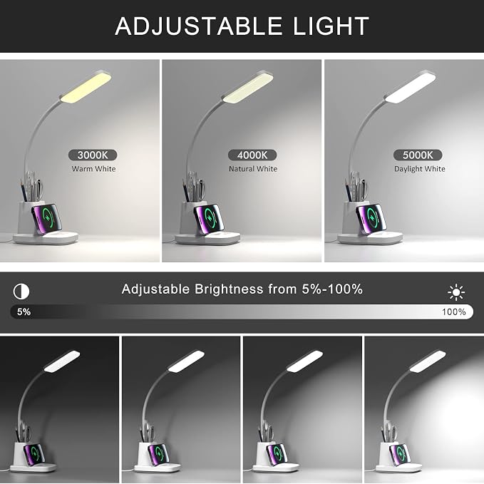 LED Desk Lamp with Wireless Charger for Home Office, White | 3 Color Modes Dimmable Eye-Caring Study Desk Light for College Dorm, 360° Flexible Arm, with Pen Holder, 800 Lumen, Square