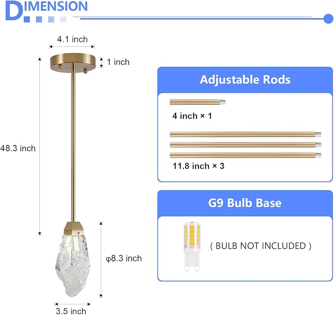 Modern 1-Light Brass Stem Rock Crystal Mini Pendant Lamp | Adjustable metal stem, textured ice crystal shade, modern brass finish, for kitchen island bedroom bathroom vanity lighting