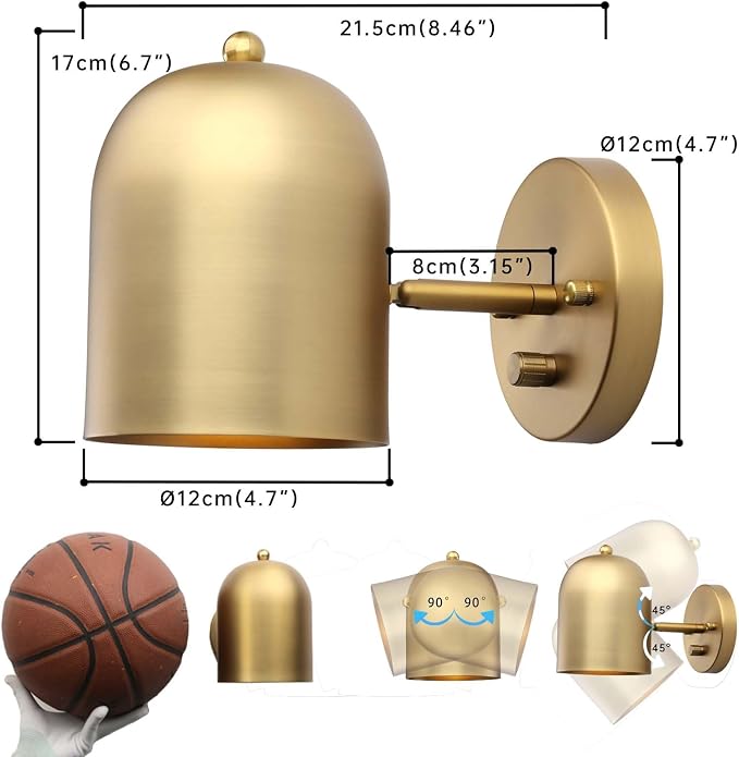Set of 2 Hardwired Wall Sconce Dimmer Switch | Brass Finish Wall Light Lamp, Adjustable Wall Vanity Lighting, E26 Base Reading Lighting Decor for Bedroom Living Room