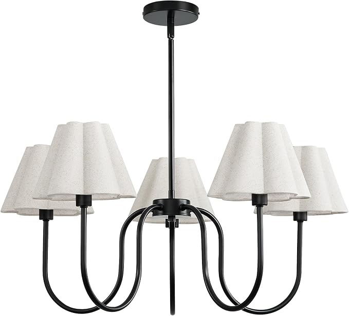 RUIYEY Gold Chandeliers for Dining Room - 28" 5-Light Modern Mid-Century Chandelier with Flower Scalloped Fabric Shades, Height Adjustable Farmhouse Pendant Ceiling Light Fixture for Bedrooms Kitchen
