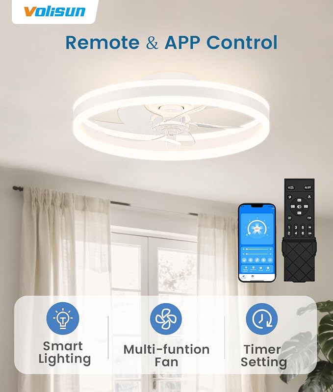 VOLISUN Low Profile Ceiling Fans with Lights and Remote, 20in Flush Mount Ceiling Fans with Light, 3000K-6500K Dimmable Fandelier LED Fan Light, White Bladeless Ceiling Fans with Lights for Bedroom